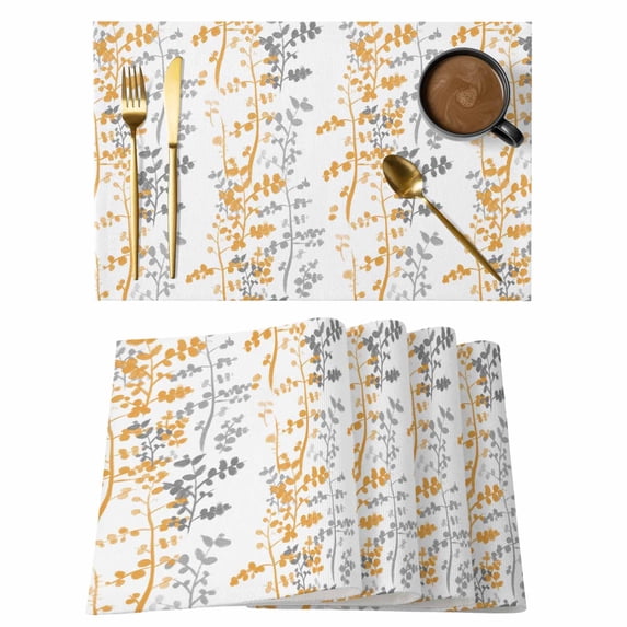 Placemats 1 Pack, Yellow Grey Botanical Woven Placemat, Linen Place Mats for Kitchen/Dining Tables, Spring Floral Summer Farmhouse Washable Table Mats for Party