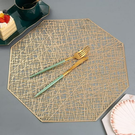 Placemats 15 inch Pressed Vinyl Round Table Mates for Dining Table Set of 6, Washable and Wipeable Kitchen Place Mat(Gold B)