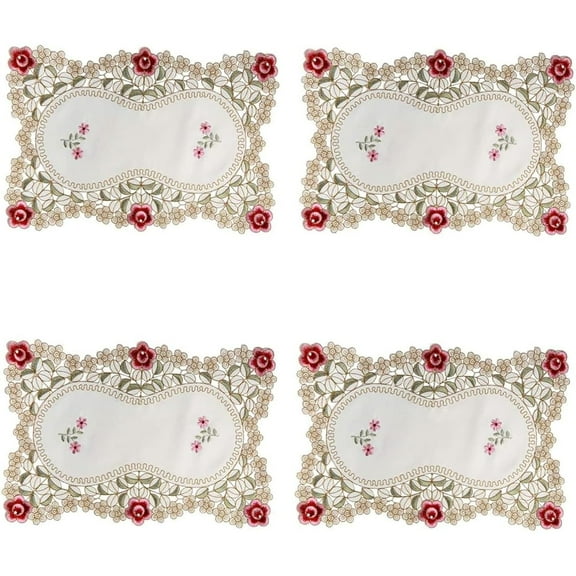 Placemats, 6 Pcs Embroidered Rose Red Flower Place mats,Elegant Classic Washable Lace Lunchmat Place Mats, Home Decoration Party Kitchen Dining Restaurant Table Mats,17.7Inch X 11.8Inch