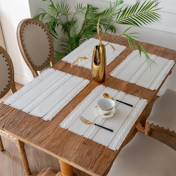 Placemats, Czzoypi Thick Linen Tassel Insulated Placemat, Premium Cloth Table Mat Machine Washable Beautiful Practical, White