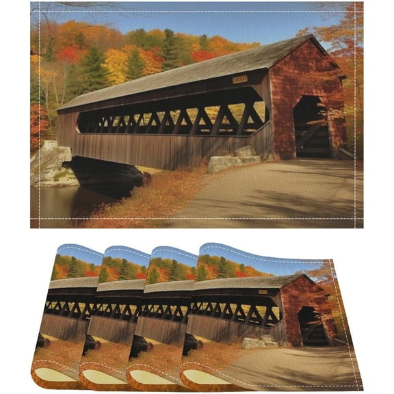 Placemats for Dining Table Heat Resistant Non-Slip Place Mats Albany Covered Bridge Plate Mat Set of 4 Washable Linen Placemat New Year Kitchen Table Mats for Indoor Outdoor