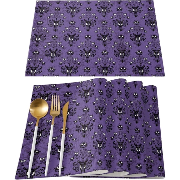 Placemats for Dining Table Set of 4, Halloween Haunted Mansion Design Table Mats Stain Resistant Heat Insulation Non-Slip Washable Table Decoration for Kitchen, Purple Black