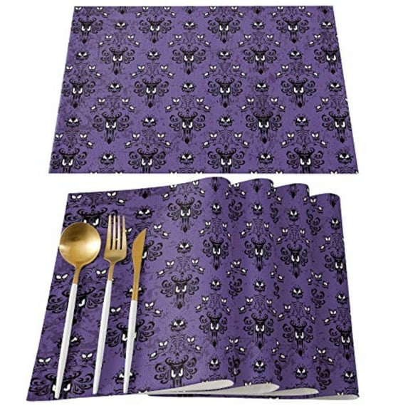 Placemats for Dining Table Set of 4, Halloween Haunted Mansion Design Table Mats Stain Resistant Heat Insulation Non-Slip Washable Table Decoration for Kitchen, Purple Black