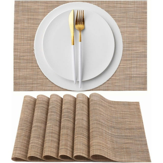 Placemats for Dining Table Set of 6 Woven Vinyl Plastic Place Mats Non-Slip Heat Insulation Stain Resistant Table Mats Washable Easy Clean Placemats (Linen Yellow)