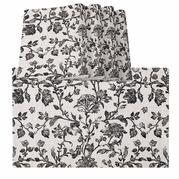 Placemats for Dinning Table Set of 12, Farmhouse Black Vintage Flower Leaf Botanical Plant Burlap Kitchen Place Mats Waterproof Cloth Table Mats, Indoor Outdoor Placemats Easy Clean Dinner Decor
