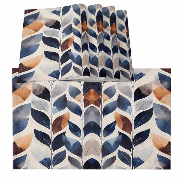 Placemats for Dinning Table Set of 12, Navy Blue Burnt Orange Botanical Palm Leaf Abstract Burlap Kitchen Place Mats Waterproof Cloth Table Mats, Indoor Outdoor Placemats Easy Clean Dinner Decor