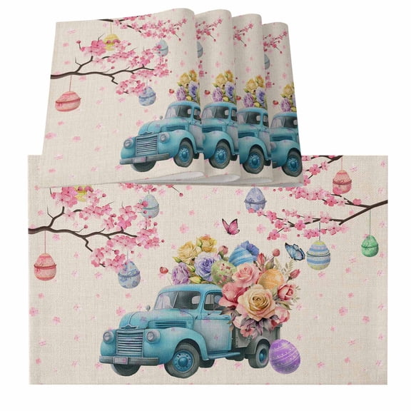 Placemats for Dinning Table Set of 12, Spring Easter Eggs Tree Floral Blue Truck Rustic Burlap Kitchen Place Mats Waterproof Cloth Table Mats, Indoor Outdoor Placemats Easy Clean Dinner Decor