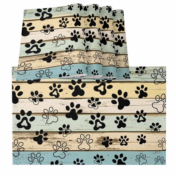 Placemats for Dinning Table Set of 12, Teal Brown Paw Prints Vintage Farmhouse Wooden Grain Burlap Kitchen Place Mats Waterproof Cloth Table Mats, Indoor Outdoor Placemats Easy Clean Dinner Decor