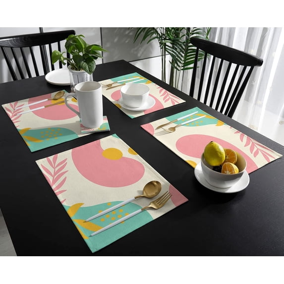 Placemats for Dinning Table Set of 4 Waterproof Cloth Table Mats, Cotton Linen Place Mats Fabric Dinner Mat, Pink Turquoise Yellow Abstract Plant Sun Art, Table Decor Easy Clean Machine Washable