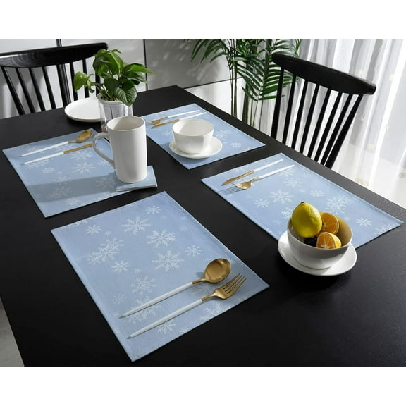 Placemats for Dinning Table Set of 6 Waterproof Cloth Table Mats, Cotton Linen Place Mats Fabric Dinner Mat, Christmas Winter Snowfalke, Table Decor Easy Clean Machine Washable