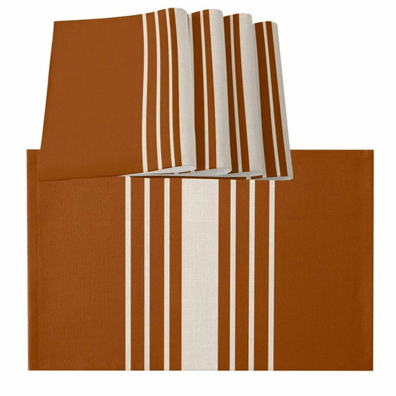 Placemats for Dinning Table Set of 8, Burnt Orange Beige Striped Modern Farmhouse Retro Lines Burlap Kitchen Place Mats Waterproof Cloth Table Mats, Indoor Outdoor Placemats Easy Clean Dinner Decor