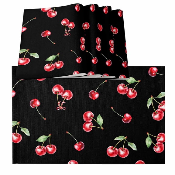 Placemats for Dinning Table Set of 8, Cherry Rustic Spring Summer Tropic Fruit Black Burlap Kitchen Place Mats Waterproof Cloth Table Mats, Indoor Outdoor Placemats Easy Clean Dinner Decor