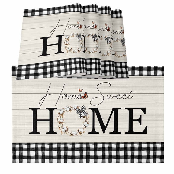Placemats for Dinning Table Set of 8, Farmhouse Home Black Plaid Vintage Wood Grain Butterfly Burlap Kitchen Place Mats Waterproof Cloth Table Mats, Indoor Outdoor Placemats Easy Clean Dinner Decor