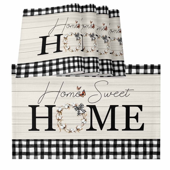 Placemats for Dinning Table Set of 8, Farmhouse Home Black Plaid Vintage Wood Grain Butterfly Burlap Kitchen Place Mats Waterproof Cloth Table Mats, Indoor Outdoor Placemats Easy Clean Dinner Decor