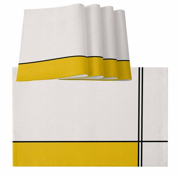 Placemats for Dinning Table Set of 8, Geomrtic Yellow, Abstract Stripes Patckwork Modern Art Burlap Kitchen Place Mats Waterproof Cloth Table Mats, Indoor Outdoor Placemats Easy Clean Dinner Decor