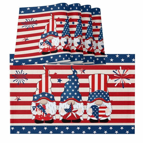 Placemats for Dinning Table Set of 8, Independence Day Gnomes 4th of July Red Striped Burlap Kitchen Place Mats Waterproof Cloth Table Mats, Indoor Outdoor Placemats Easy Clean Dinner Decor