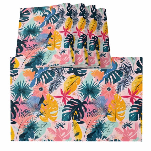 Placemats for Dinning Table Set of 8, Palm Leaves Colorful Tropical Plant Summer Flower Burlap Kitchen Place Mats Waterproof Cloth Table Mats, Indoor Outdoor Placemats Easy Clean Dinner Decor