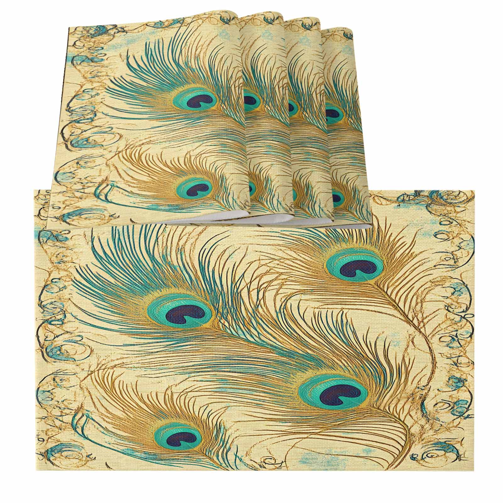 Placemats for Dinning Table Set of 8, Peacock Feathers Brown Turquoise ...