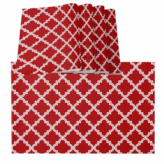 Placemats for Dinning Table Set of 8, Quatrefoil Moroccan Pattern Geometric Red Backdrop Burlap Kitchen Place Mats Waterproof Cloth Table Mats, Indoor Outdoor Placemats Easy Clean Dinner Decor