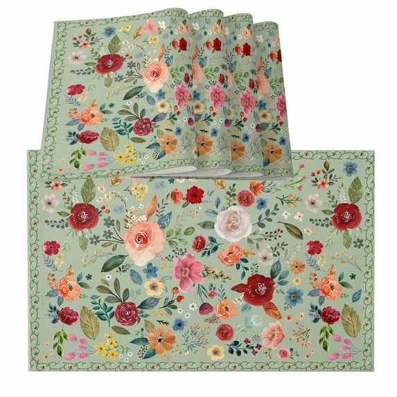 Placemats for Dinning Table Set of 8, Sage Green Floral Spring Flowers Leaves Farmhouse Burlap Kitchen Place Mats Waterproof Cloth Table Mats, Indoor Outdoor Placemats Easy Clean Dinner Decor