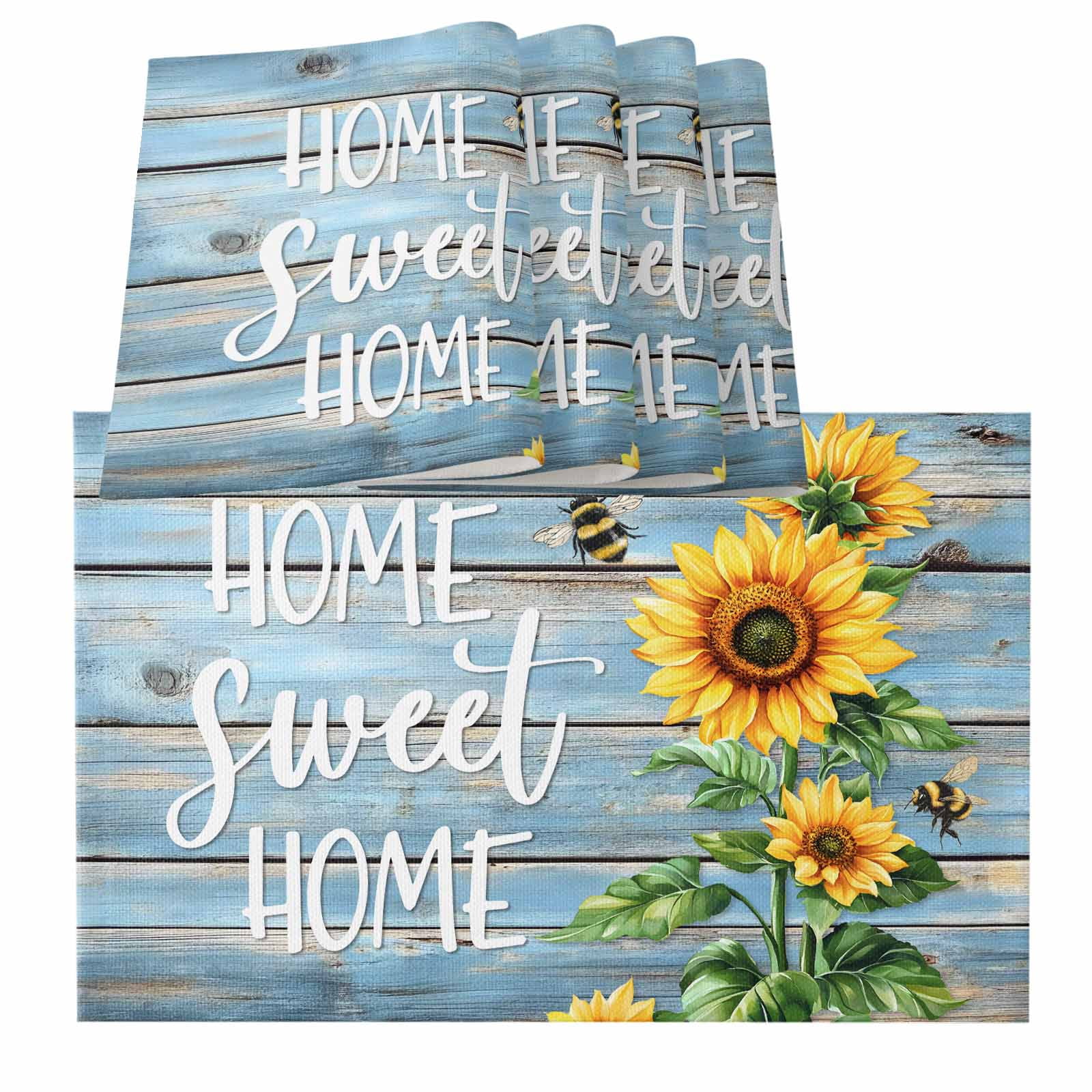 Placemats for Dinning Table Set of 8, Spring Sunflower Bee Wooden Grain ...
