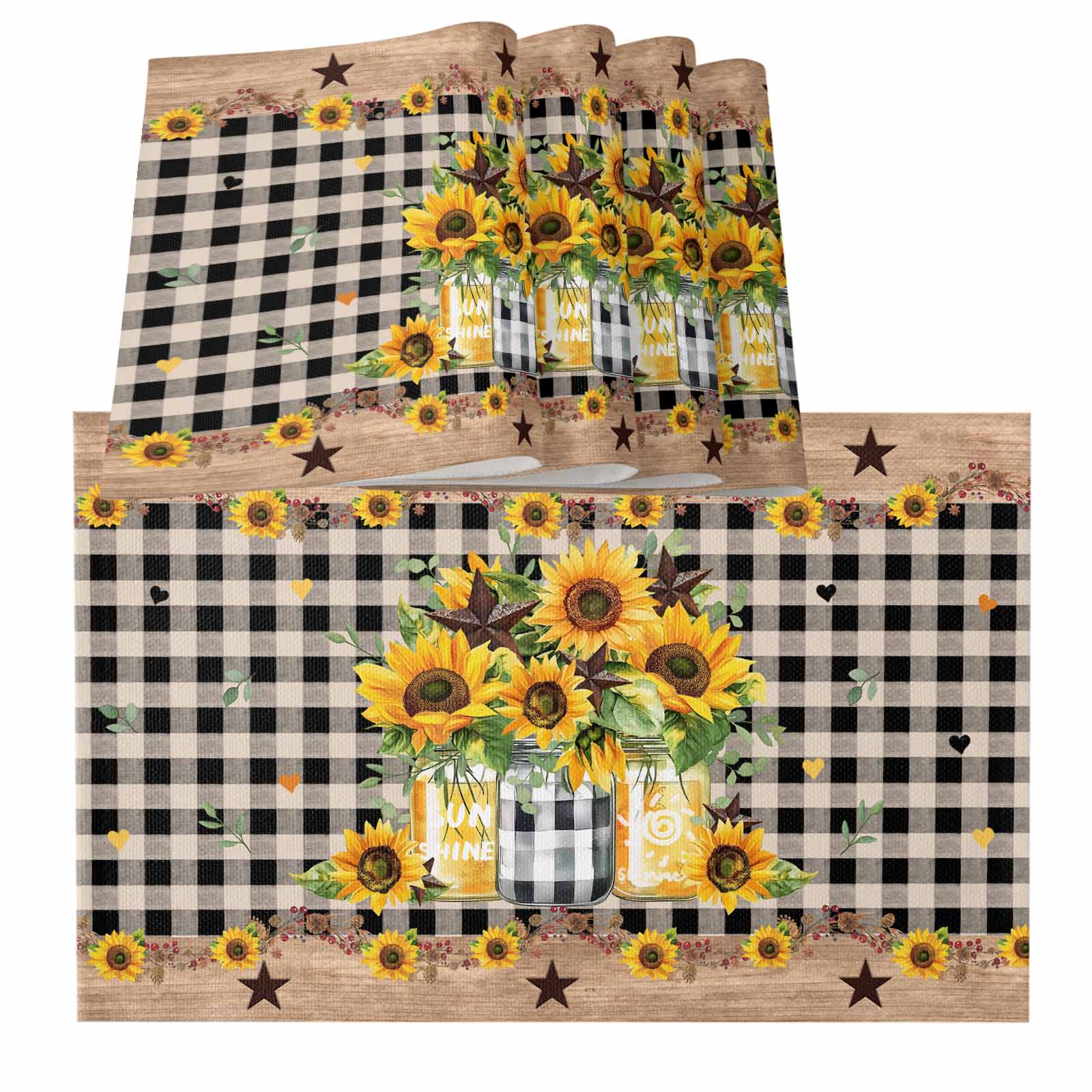Placemats for Dinning Table Set of 8, Sunflower Black White Plaid ...