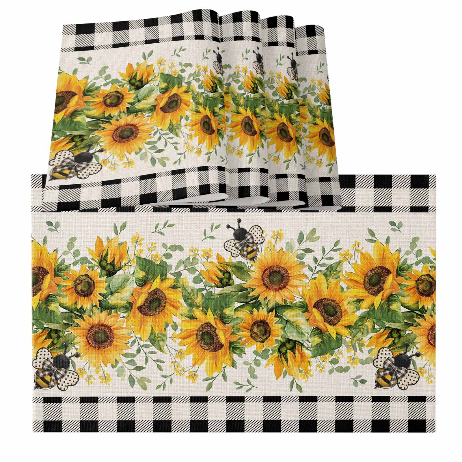 Placemats for Dinning Table Set of 8, Sunflower Summer Botanical Bee ...