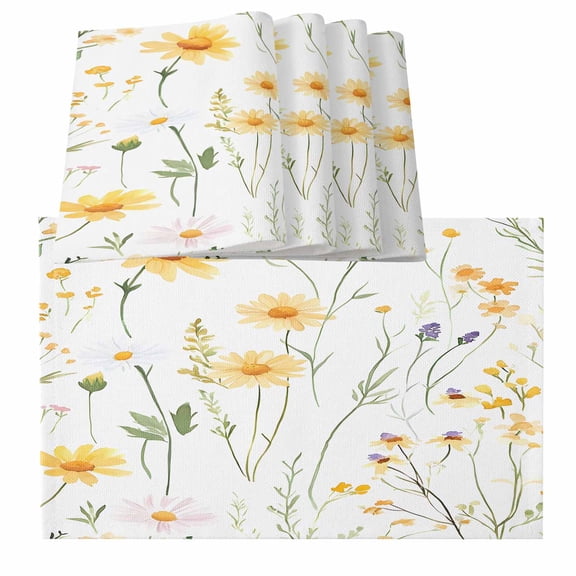 Placemats for Dinning Table Set of 8, Yellow Daisy Floral Spring Rustic Botanical Flowers Burlap Kitchen Place Mats Waterproof Cloth Table Mats, Indoor Outdoor Placemats Easy Clean Dinner Decor