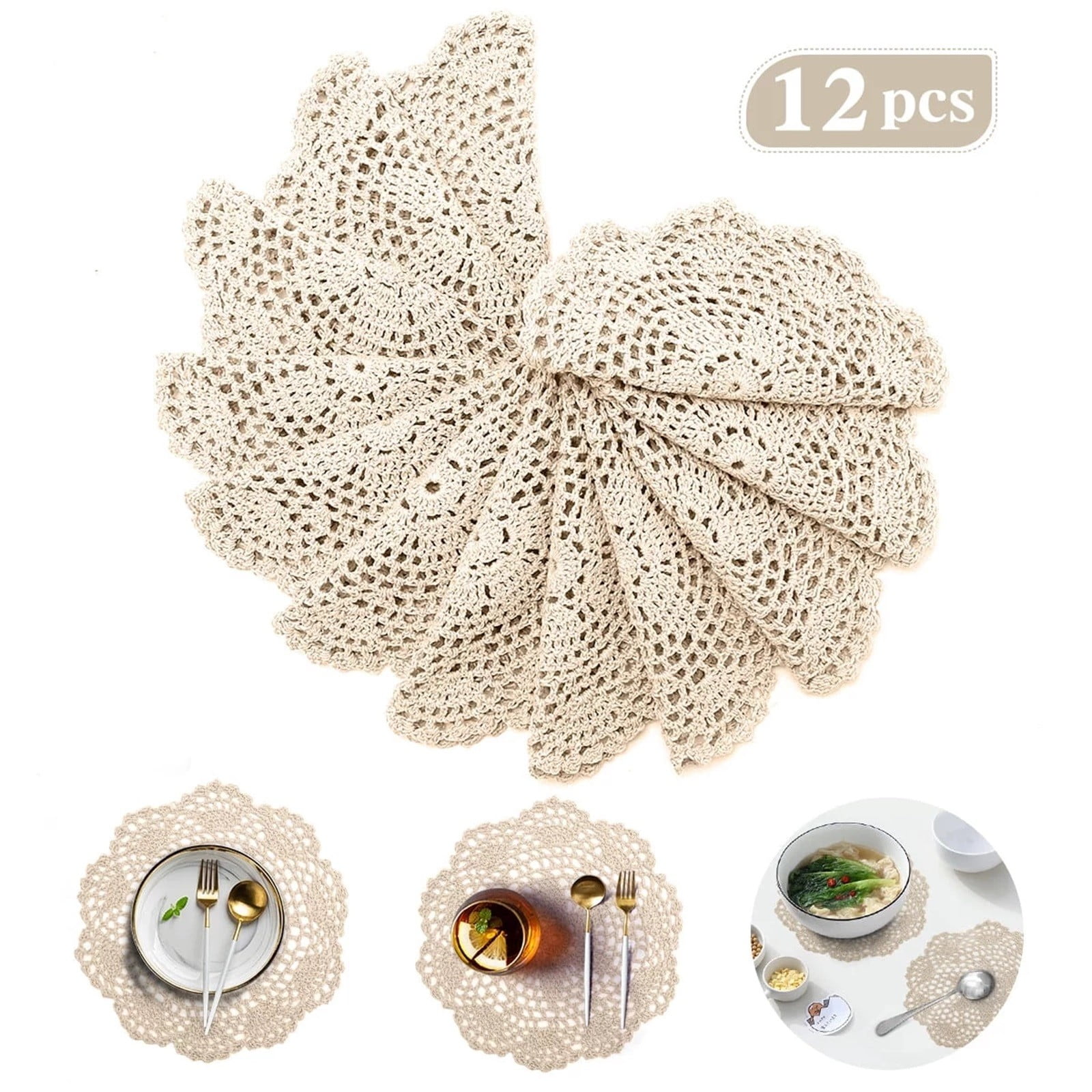 Placemats Doilies 12Pcs 8 Inch Doilies Crochet Round Lace Doily Handmade Placemats Cotton Crocheted Beige Kitchen Accessories Clearance