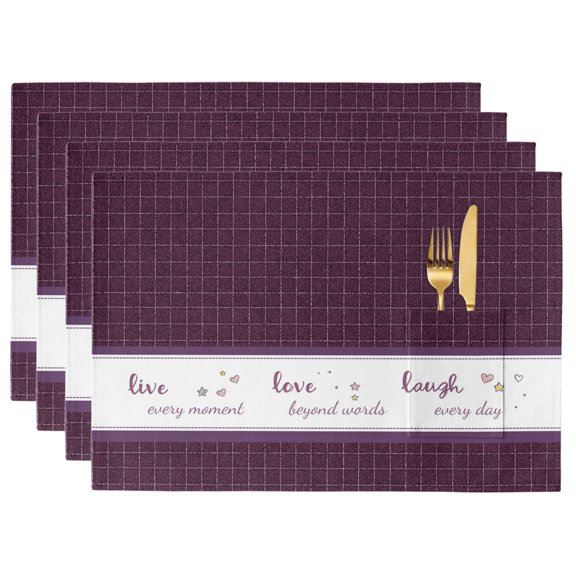 Placemats with Pockets Set of 4 Live Love Laugh Place Mats Purple Buffalo Plaid Tablemats Washable Placemat for Kitchen Dining Table Party Fall Decor Indoor Outdoor 13x19 Inch