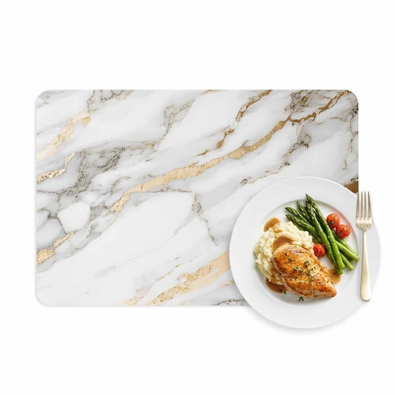 Placemats Set of 1, Abstract Marble Stone Texture Faux Leather Placemat Waterproof Oil-Proof Wipeable Table Mats 12x18in, Gold Lines on White Washable Place Mats for Kitchen Dining Table Party