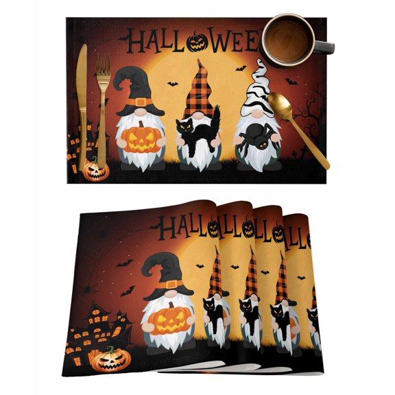 Placemats Set of 1 Halloween Hat Gnome Pumpkin Cat Bug Horror Moon Orange Black Heat Insulation Washable Place Mats, Rustic Non-Slip Table Mats for Dining Table Party Kitchen Decor,13x19 Inch