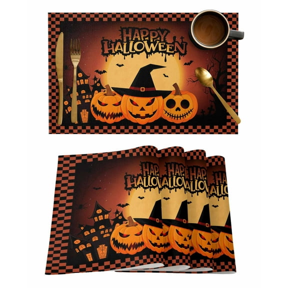 Placemats Set of 1 Happy Halloween Horror Pumpkin Trick Or Treat Orange Plaid Heat Insulation Washable Place Mats, Rustic Non-Slip Table Mats for Dining Table Party Kitchen Decor,13x19 Inch