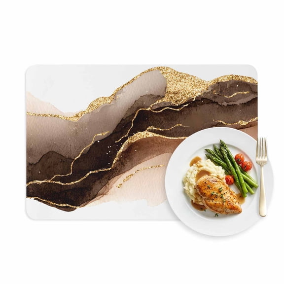 Placemats Set of 1, Modern Brown Gold Marble Texture Faux Leather Placemat Waterproof Oil-Proof Wipeable Table Mats 12x18in, Abstract Stone Style Washable Place Mats for Kitchen Dining Table Party