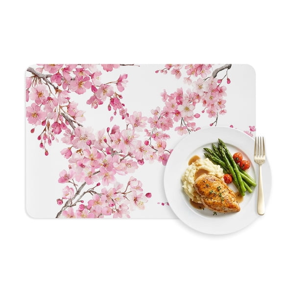Placemats Set of 1, Spring Pink Blossom Peach Faux Leather Placemat Waterproof Oil-Proof Wipeable Table Mats 12x18in, Watercolor Flower Tree Branch Washable Place Mats for Kitchen Dining Table Party