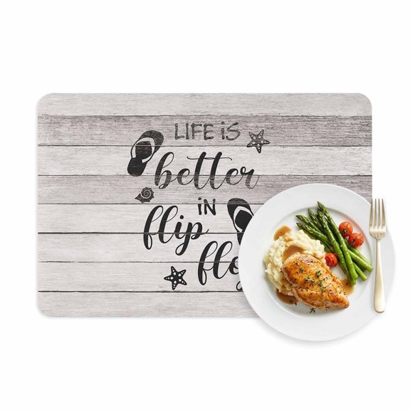 Placemats Set of 1, Summer Ocean Theme Texts with Flip Flops Faux Leather Placemat Waterproof Oil-Proof Wipeable Table Mats 12x18in, Wooden Grain Washable Place Mats for Kitchen Dining Table Party