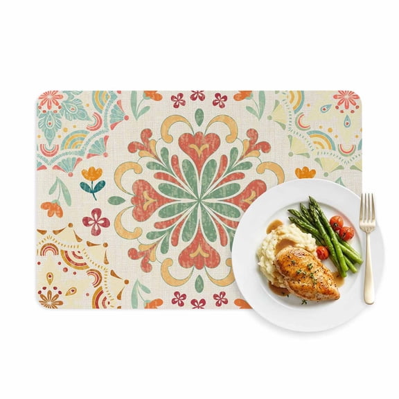 Placemats Set of 1, Turkey Floral Pattern Faux Leather Placemat Waterproof Oil-Proof Wipeable Table Mats 12x18in, Retro Bohemian Art Washable Place Mats for Kitchen Dining Table Party Outdoor