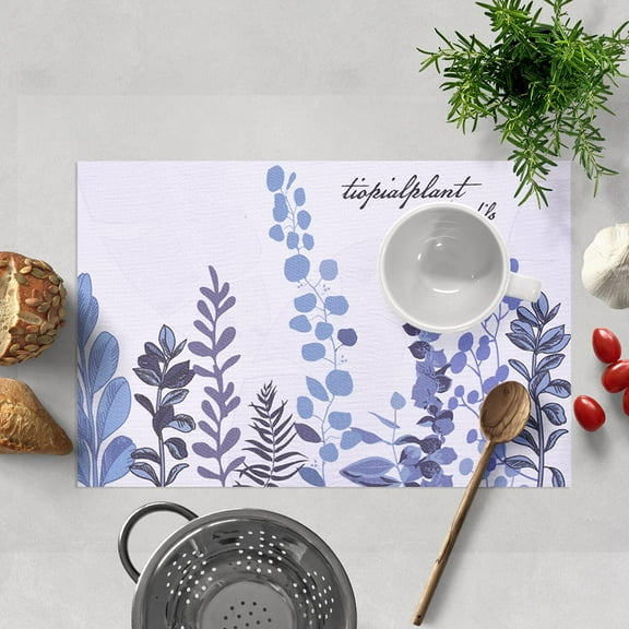 Placemats Set of 18 for Dining Table, Table Placemats, Rectangular Vinyl, PVC, 18x12 Inches - Blue Floral
