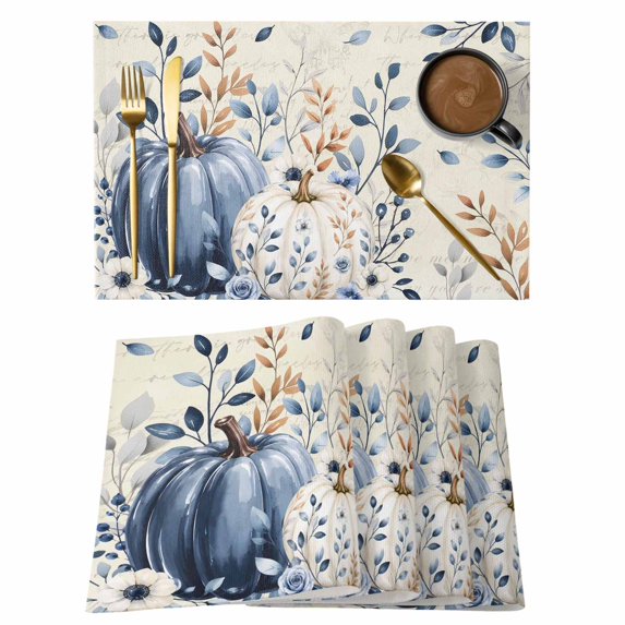 Placemats Set of 2 - 13x19 Inch, Blue White Pumpkins Fall Non-Slip Washable Place Mats for Dining Table, Thanksgiving Eucalyptus Farmhouse Polyester & Linen Blend Table Mats for Kitchen Party Holiday
