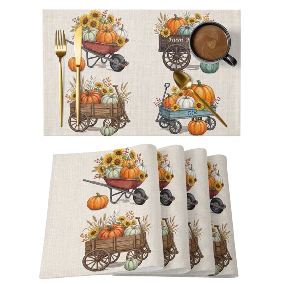 Placemats Set of 2 - 13x19 Inch, Fall Harvest Non-Slip Washable Place Mats for Dining Table, Thanksgiving Pumpkins Sunflowers Rustic Polyester & Linen Blend Table Mats for Kitchen Party Holiday