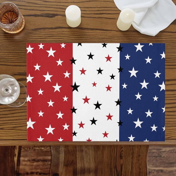 Placemats Set of 2, 4th of July Stars Blue Red White Thin Washable Table Mats for Dining Table, Patriotic Independence Day Wipeable Place Mats for Kitchen Indoor Outdoor