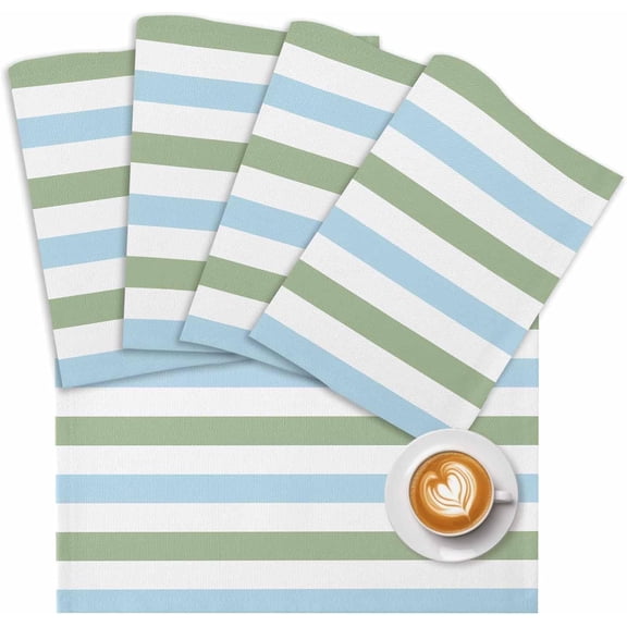 Placemats Set of 2, Geometric Sage Green and Blue Stripes Placemats for Dining Table, Minimalist Lines on White Spill Proof Washable Place Mats Heatproof Table Mats for Kitchen,Dining Room