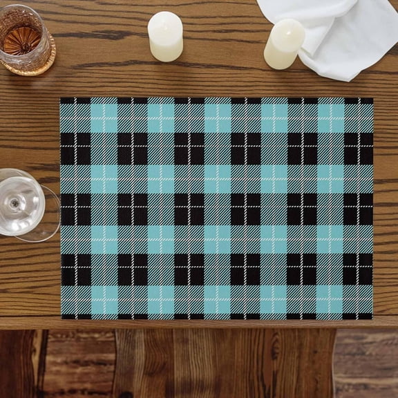 Placemats Set of 2, Tartan Plaid Buffalo Grid Pattern Washable Table Mats for Dining Table, Teal and Black Wipeable Place Mats for Kitchen Indoor Outdoor
