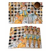 Placemats Set of 2 Thanksgiving Scare Crow Pumpkins Fall Leaves Plaid Texture Heat Insulation Washable Place Mats, Rustic Non-Slip Table Mats for Dining Table Party Kitchen Decor,13x19 Inch