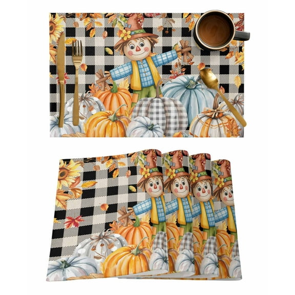 Placemats Set of 2 Thanksgiving Scare Crow Pumpkins Fall Leaves Plaid Texture Heat Insulation Washable Place Mats, Rustic Non-Slip Table Mats for Dining Table Party Kitchen Decor,13x19 Inch