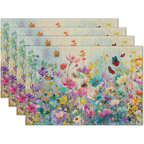 Placemats Set of 4 12x18 inch Spring Table Mats for Dining Table Floral Field Linen Placemats Farmhouse Decorations Kitchen Decor Desk Mat for Outdoor Home Party Kitchen Seasonal Dining