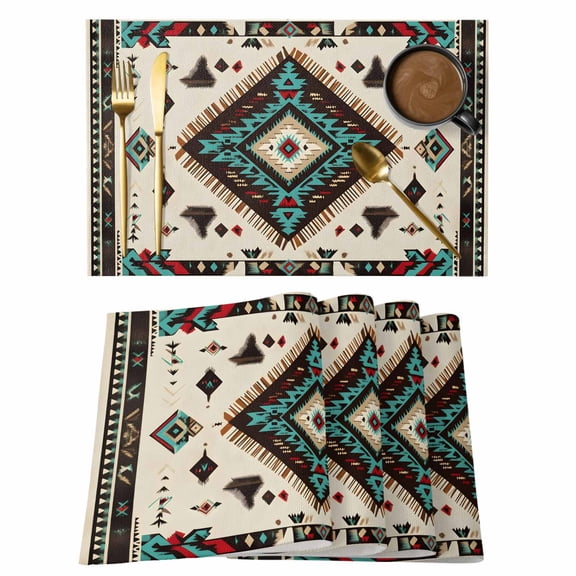 Placemats Set of 4 Abstract Green off White Geometric Non-Slip Place Mat Retro Ethnic Style Table Mats Washable Stain-Resistant Tablemats for Party/Dining Room/Kitchen Decorations