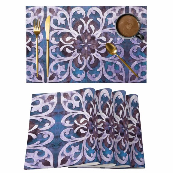 Placemats Set of 4 Abstract Purple Flowers Non-Slip Place Mat Abstract Ethnic Floral Table Mats Washable Stain-Resistant Tablemats for Party/Dining Room/Kitchen Decorations