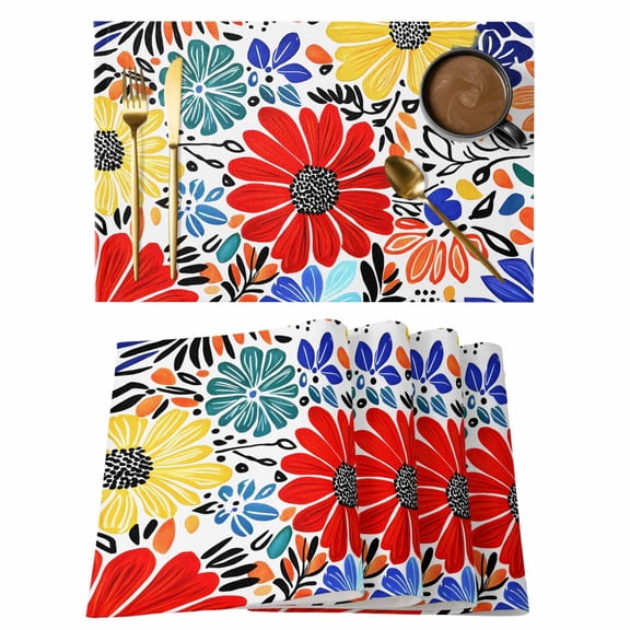 Placemats Set of 4 Abstract Red Yellow Flowers Non-Slip Place Mat Hand Drawn Floral Table Mats Washable Stain-Resistant Tablemats for Party/Dining Room/Kitchen Decorations