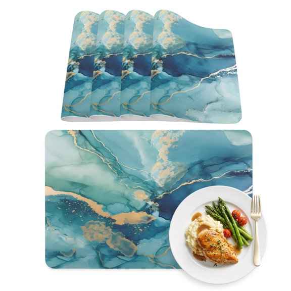 Placemats Set of 4, Abstracts Turquoise Marble Stripe Faux Leather Placemat Waterproof Oil-Proof Wipeable Table Mats 12x18in, Farm Stone Texture Washable Place Mats for Kitchen Dining Table Party